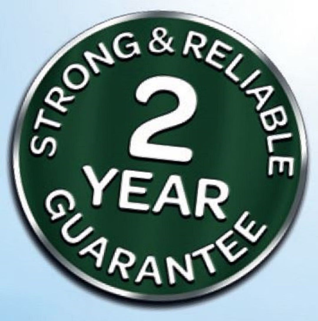 Green badge with 'Strong & Reliable 2 Year Guarantee' text on a light blue background