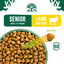 Dog food packaging for senior dogs with lamb and rice, showing a bowl of kibble and a scoop.