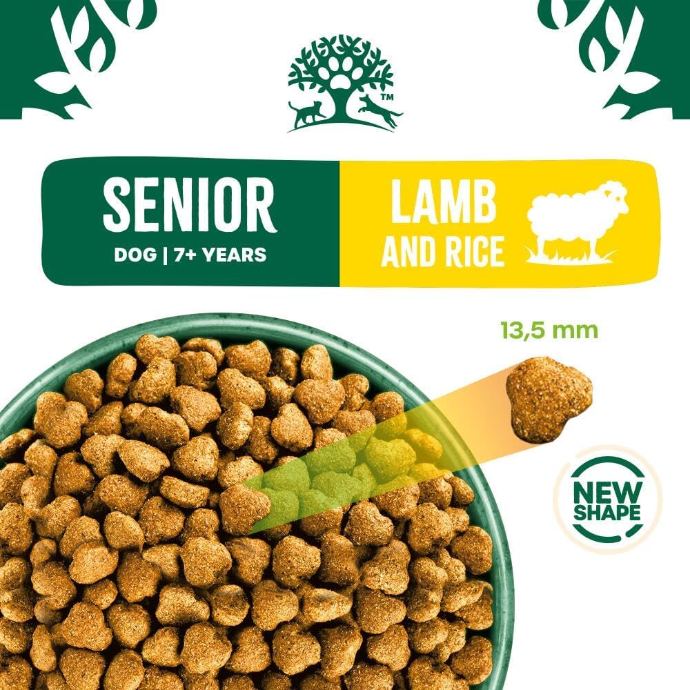Dog food packaging for senior dogs with lamb and rice, showing a bowl of kibble and a scoop.