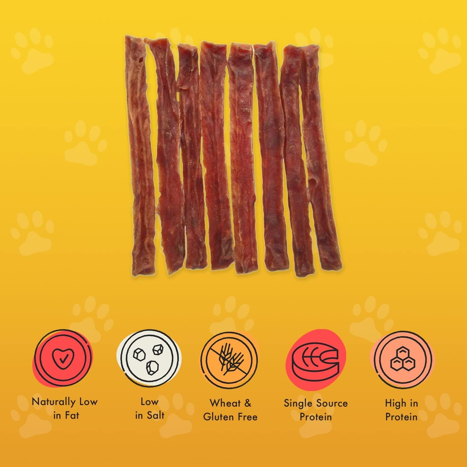 Dog treats on a yellow background with health benefits icons.