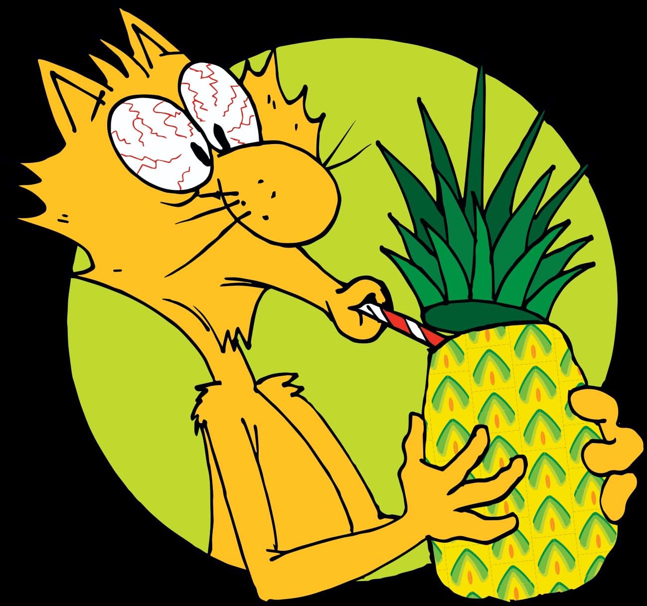 Cartoon cat drinking from a pineapple with a straw on a green background