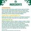 Ingredients list and nutritional information for a product on a green background with tree graphics.