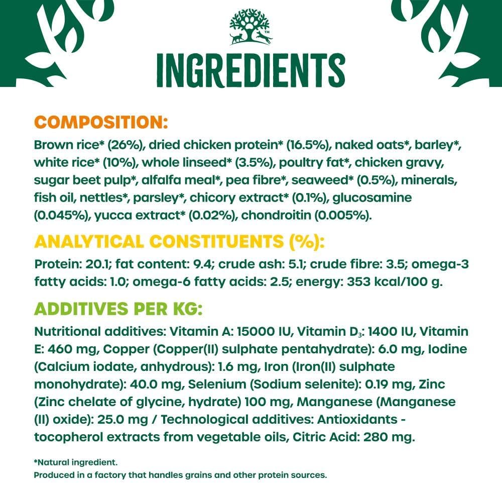 Ingredients list and nutritional information for a product on a green background with tree graphics.