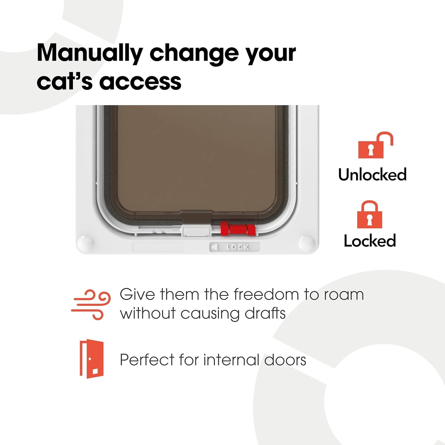 Cat flap with unlocked and locked indicators and text about manual access control.