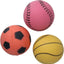 Three colorful sports balls (soccer, pink ball, basketball) on a white background