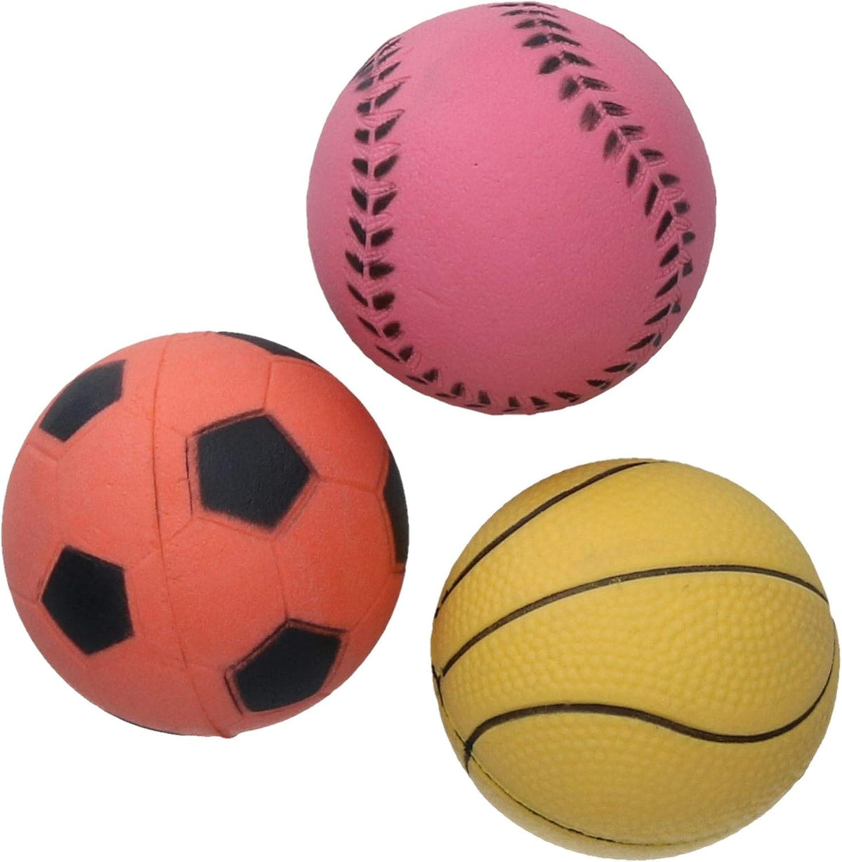 Three colorful sports balls (soccer, pink ball, basketball) on a white background