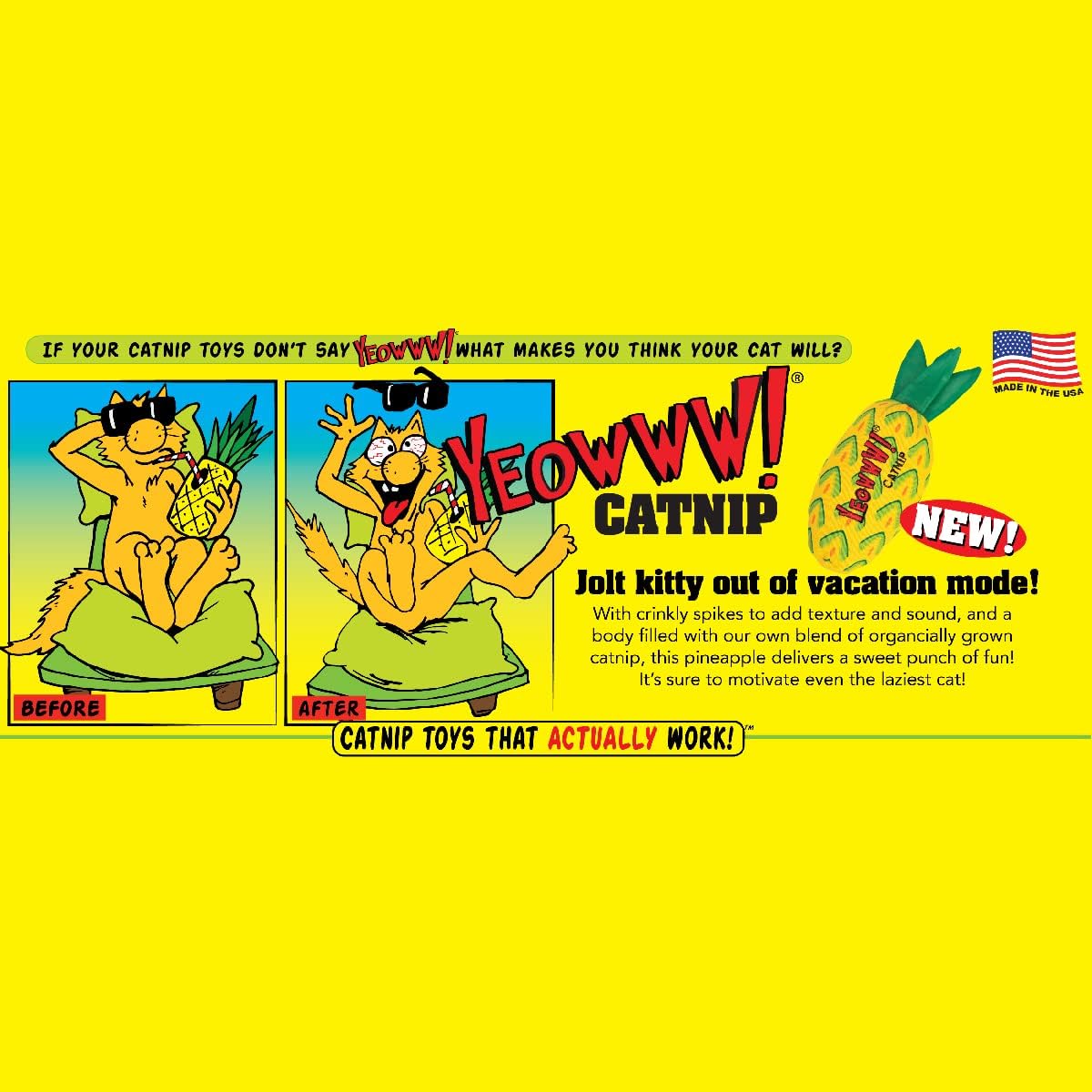 Advertisement for YEOWWW! Catnip toys with cartoon cats and text on a yellow background