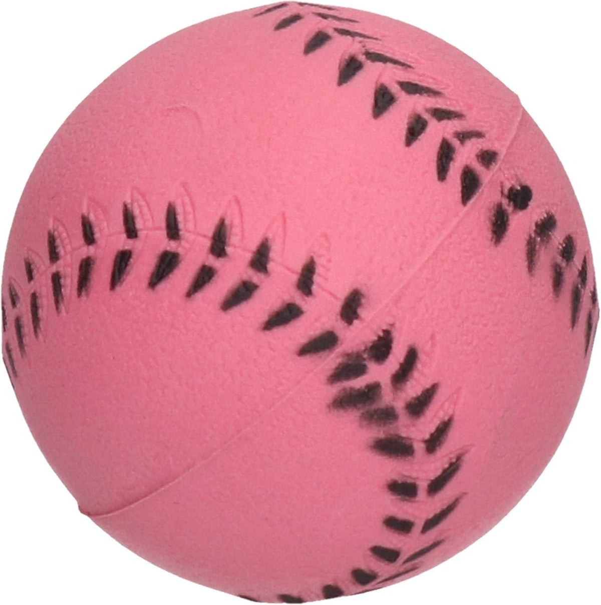 Pink softball with black stitching on a white background
