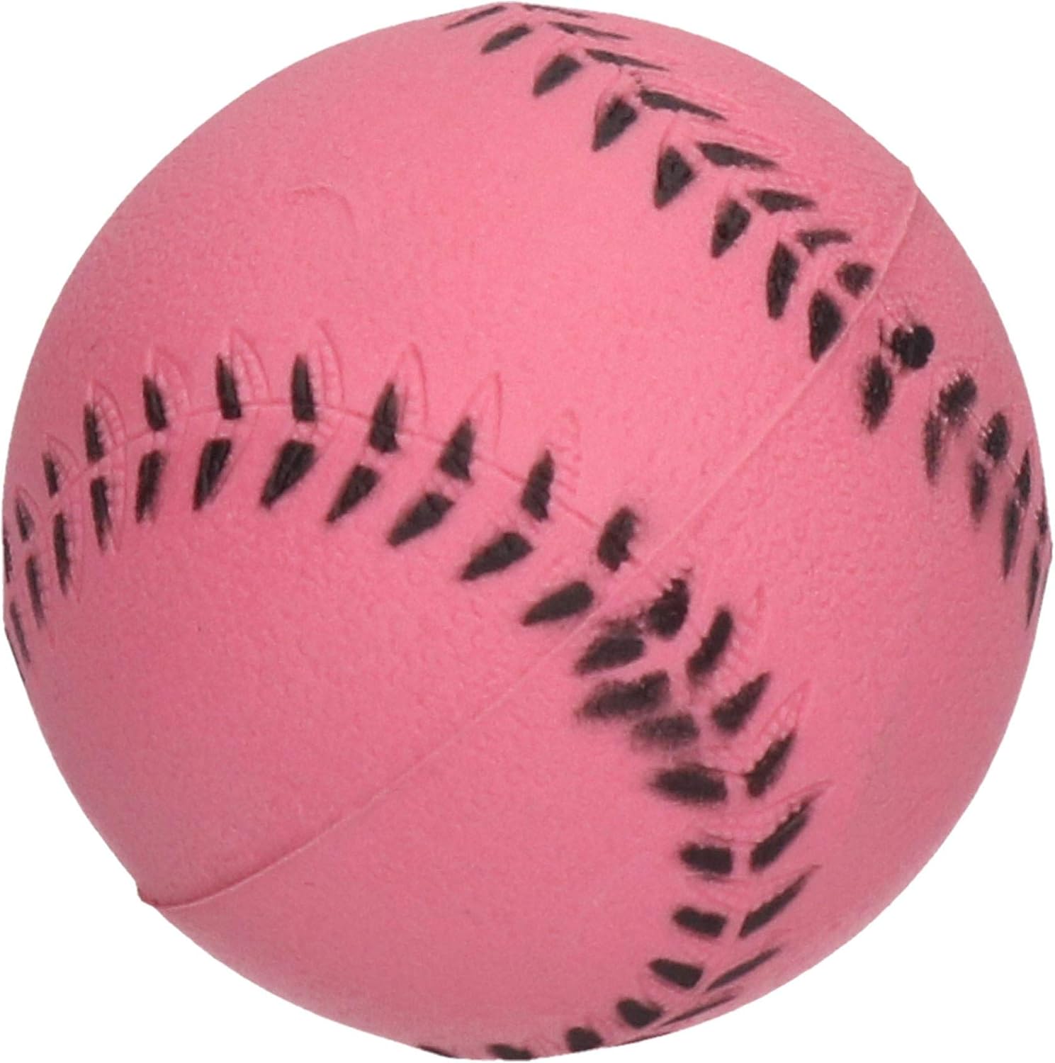 Pink softball with black stitching on a white background