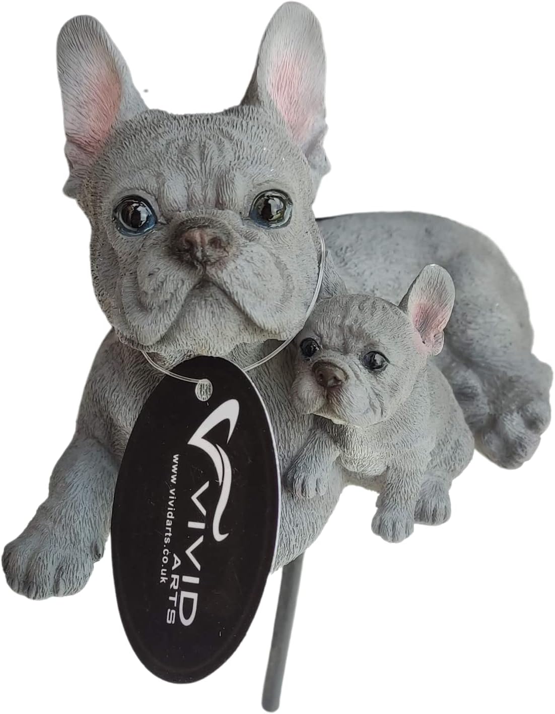 Gray French Bulldog figurine with a smaller dog on a stand, Vivid Arts logo visible.