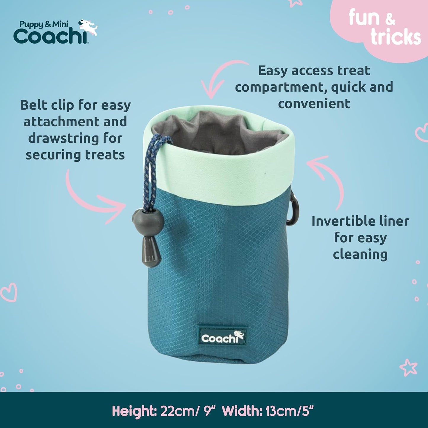 Teal dog treat pouch with features highlighted on a blue background