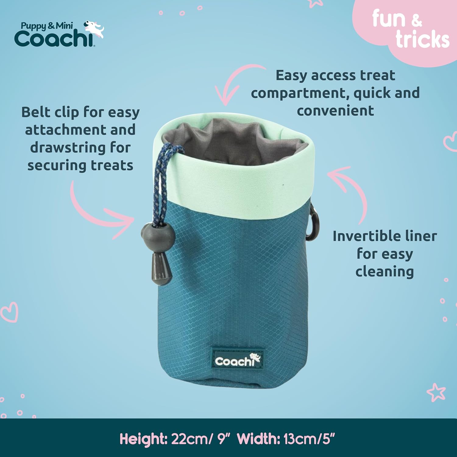 Teal dog treat pouch with features highlighted on a blue background