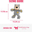Sizing guide for a gray dog toy with dimensions and suitability for small to medium dogs.
