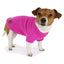 Dog wearing a pink sweater on a white background with a brand logo in the corner.