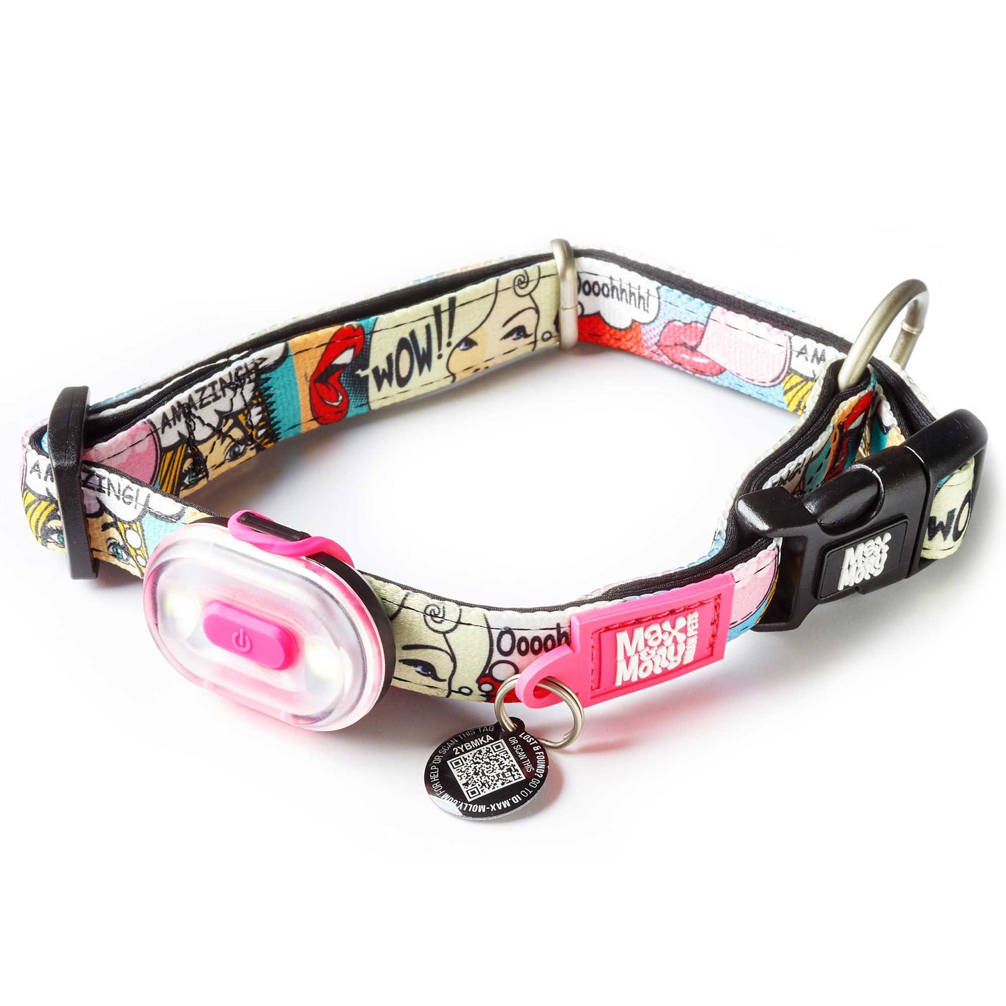 Colorful dog collar with cartoon designs and a pink LED light on a white background