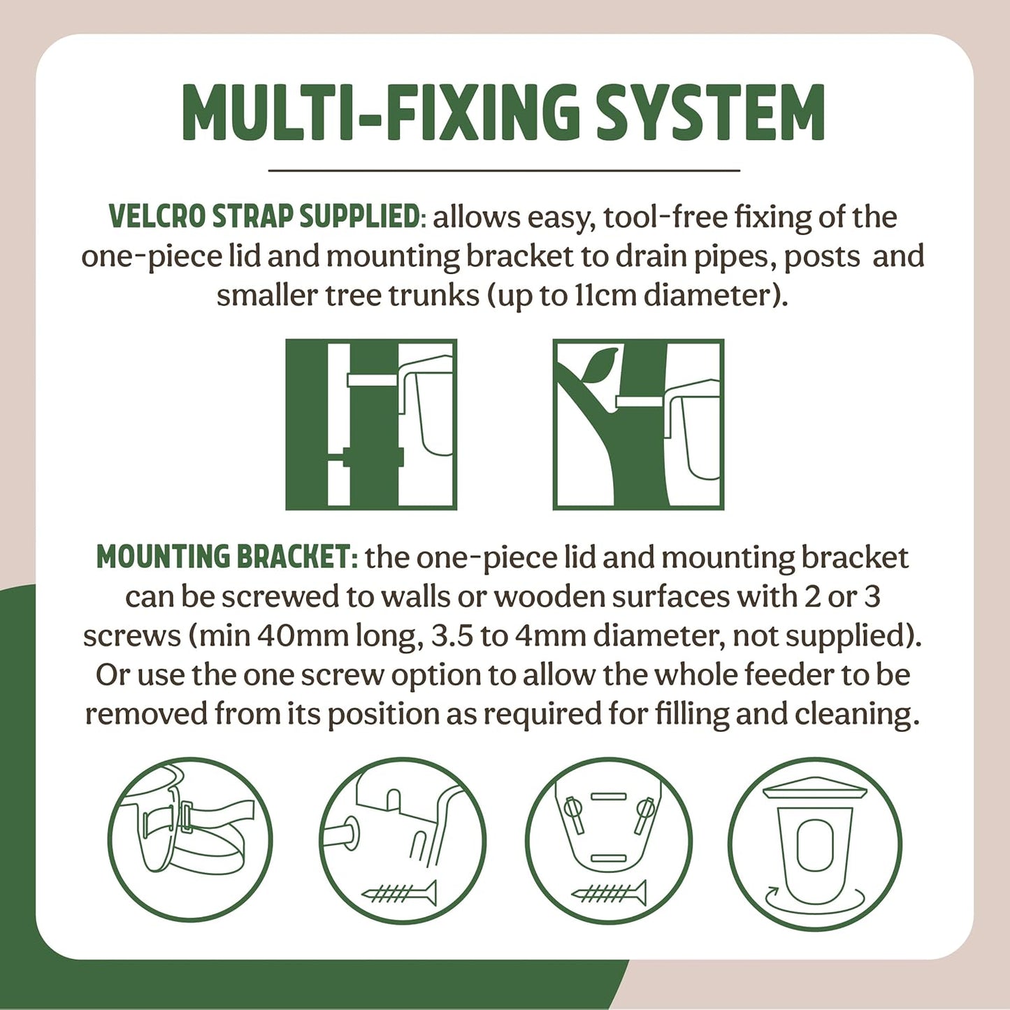 Instructional graphic about a multi-fixing system for one-piece lids and mounting brackets.
