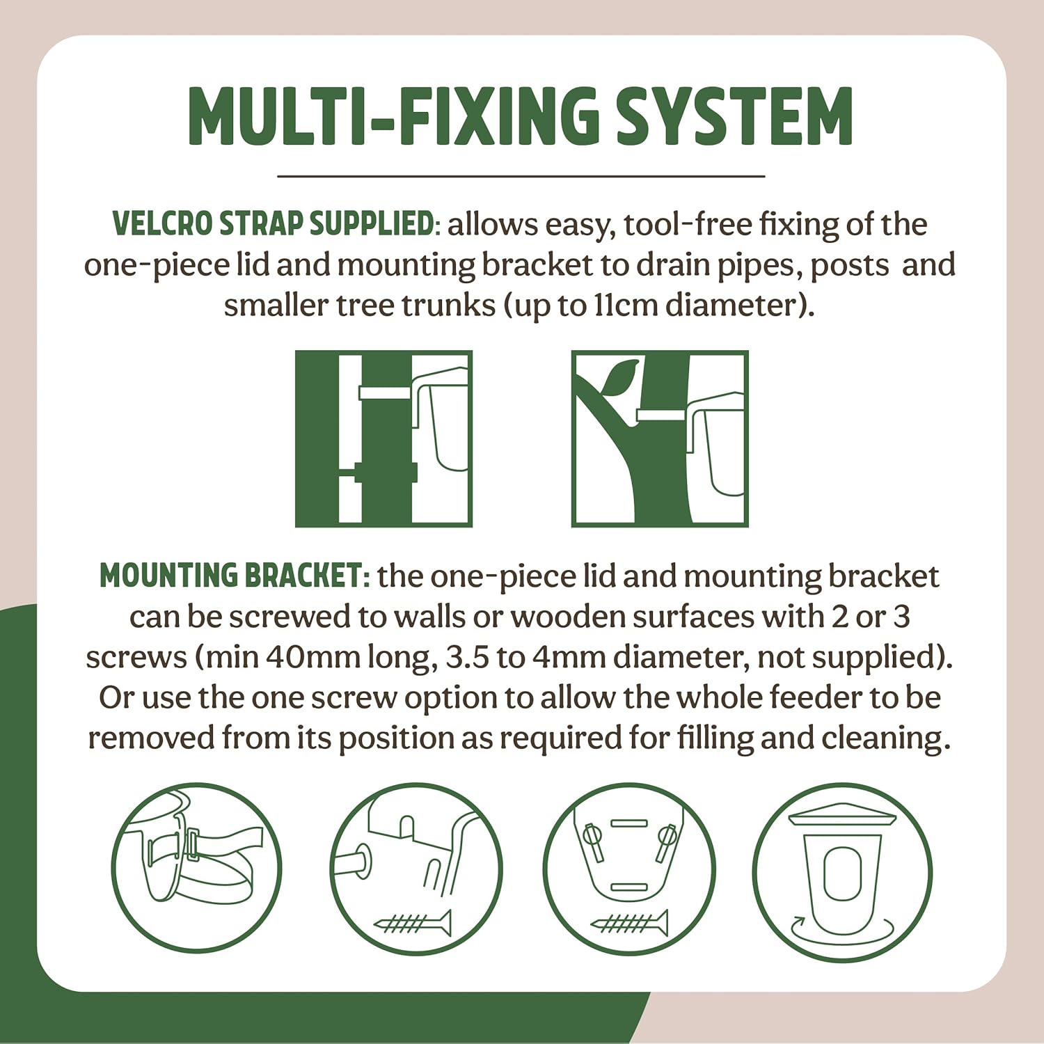 Instructional graphic about a multi-fixing system for one-piece lids and mounting brackets.