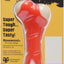 Red and white dog toy with packaging on a yellow background