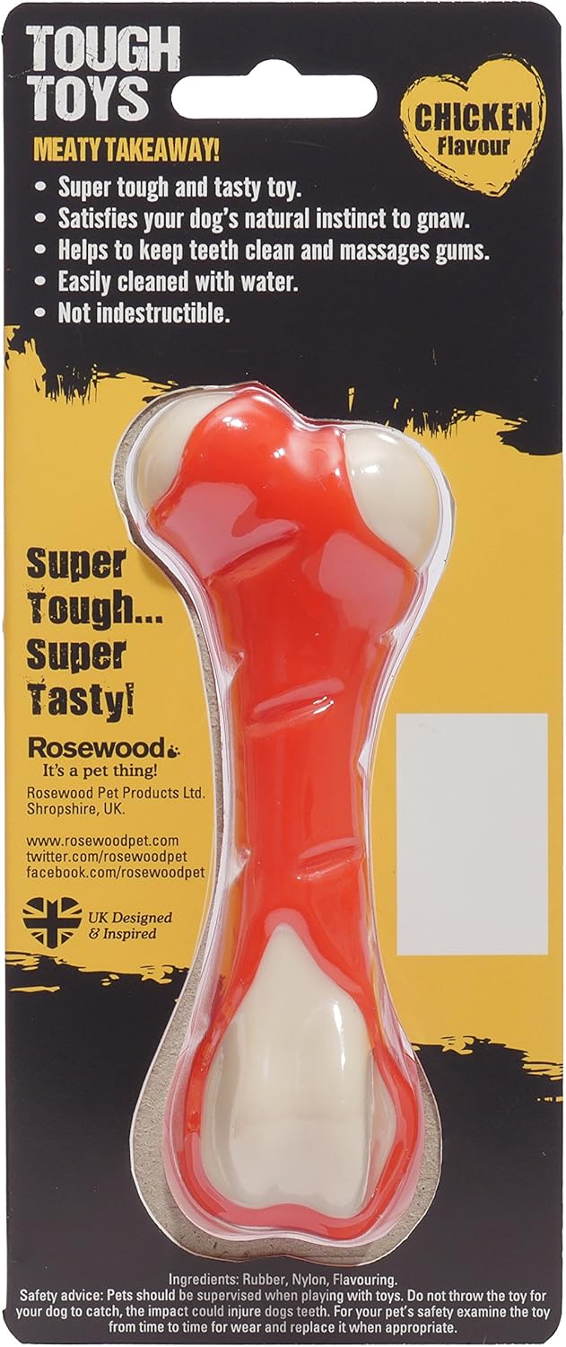 Red and white dog toy with packaging on a yellow background