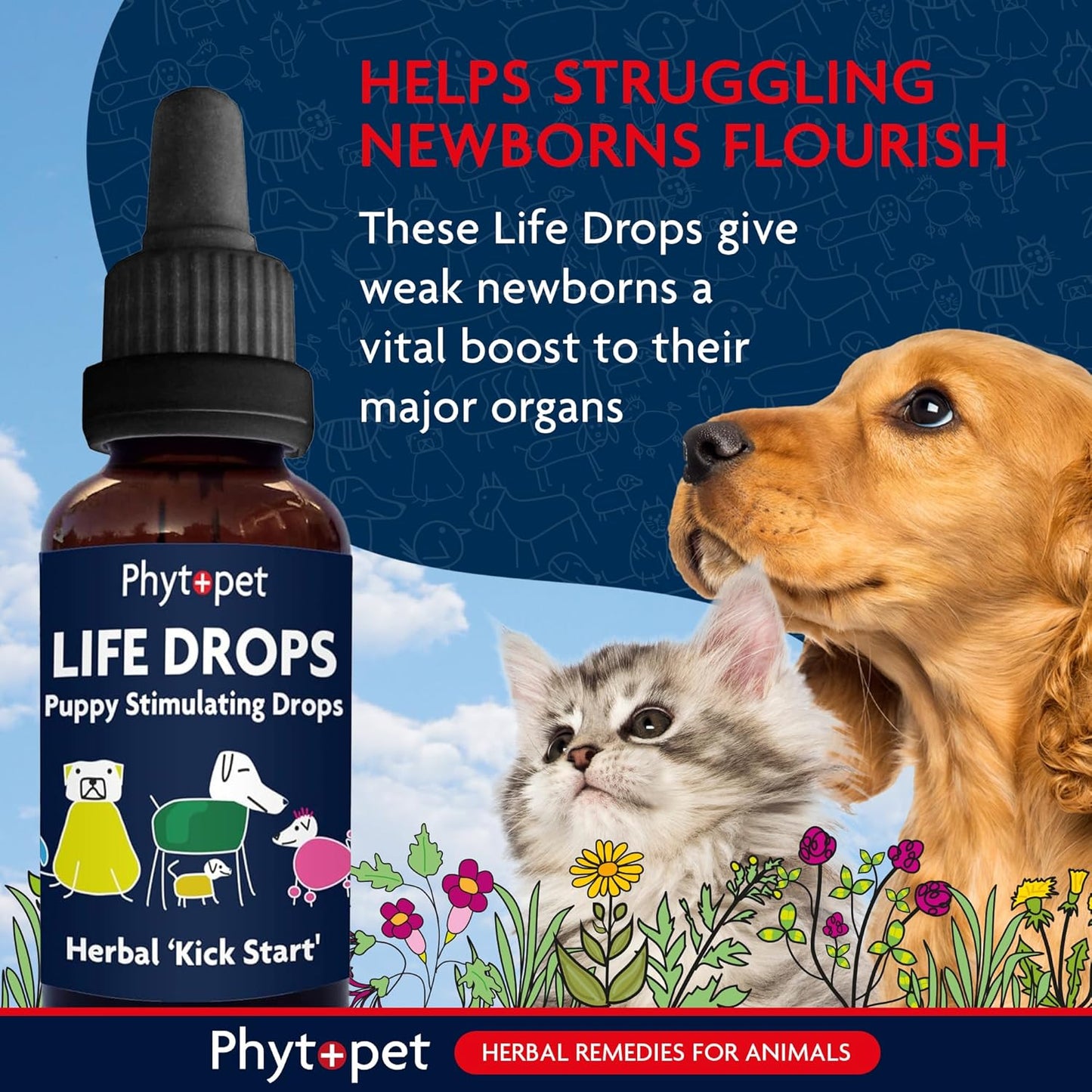 Phytpet Life Drops bottle with a dog and cat in a natural setting, promoting the product's benefits for newborns.