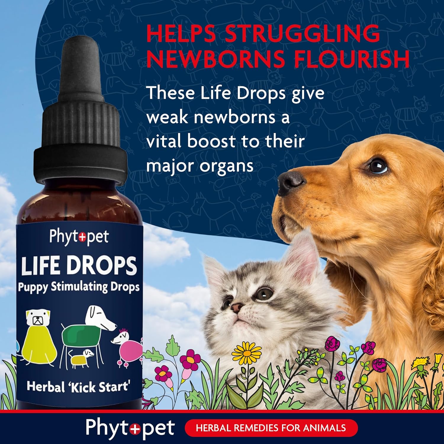 Phytpet Life Drops bottle with a dog and cat in a natural setting, promoting the product's benefits for newborns.