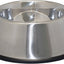 Stainless steel dog bowl with black rubber base on a white background