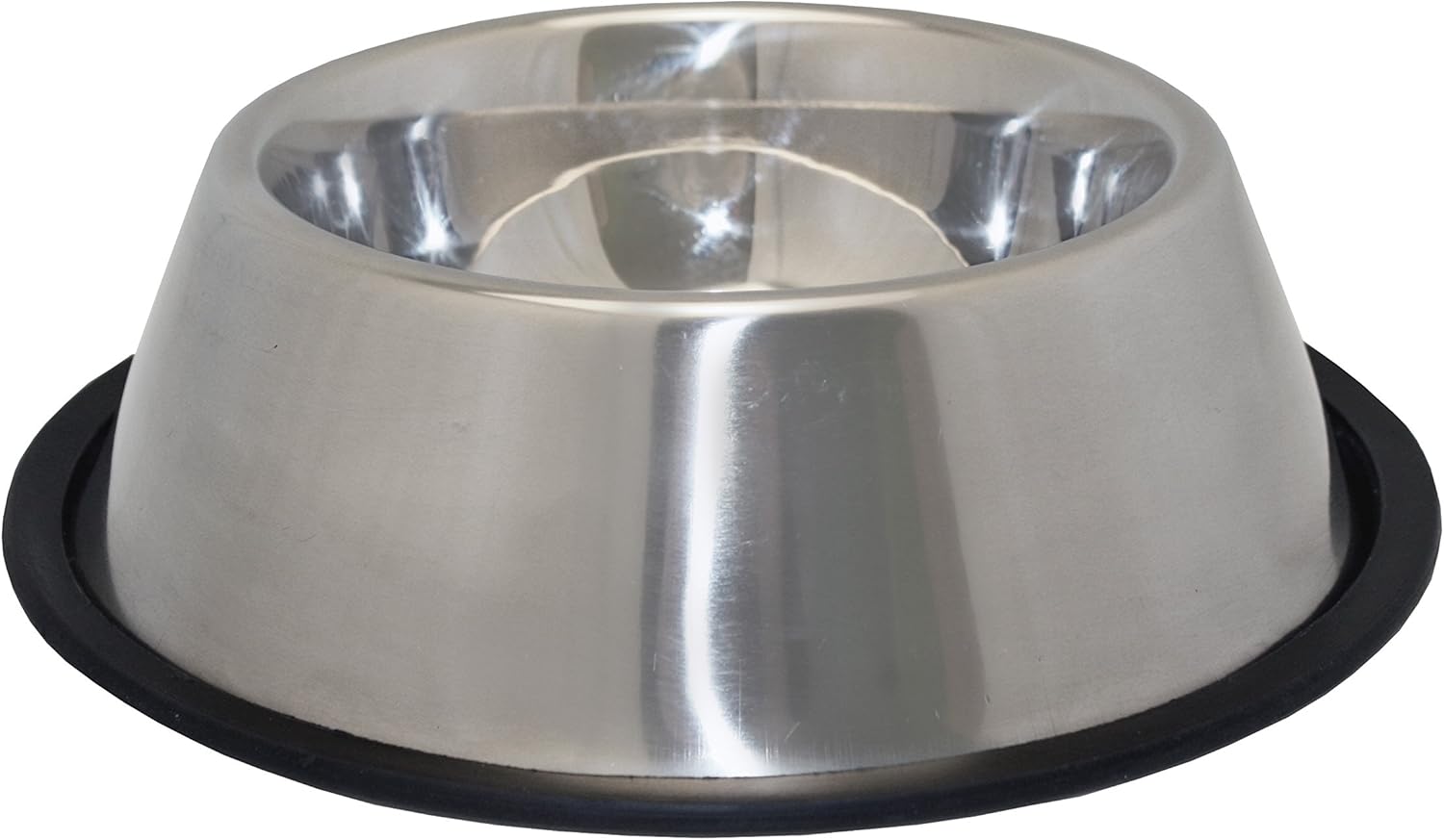 Stainless steel dog bowl with black rubber base on a white background