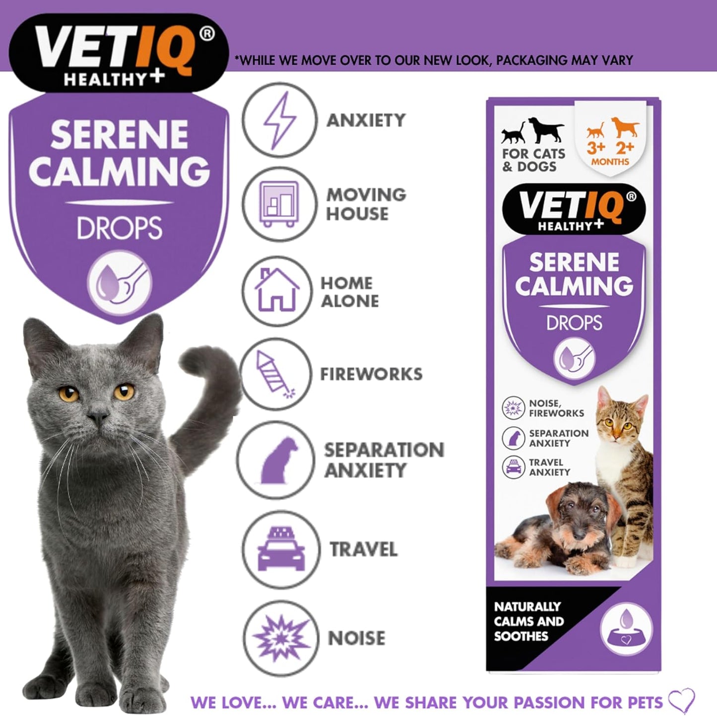 VETIQ Serene Calming Drops packaging with a cat and cat and dog illustrations on a purple background.