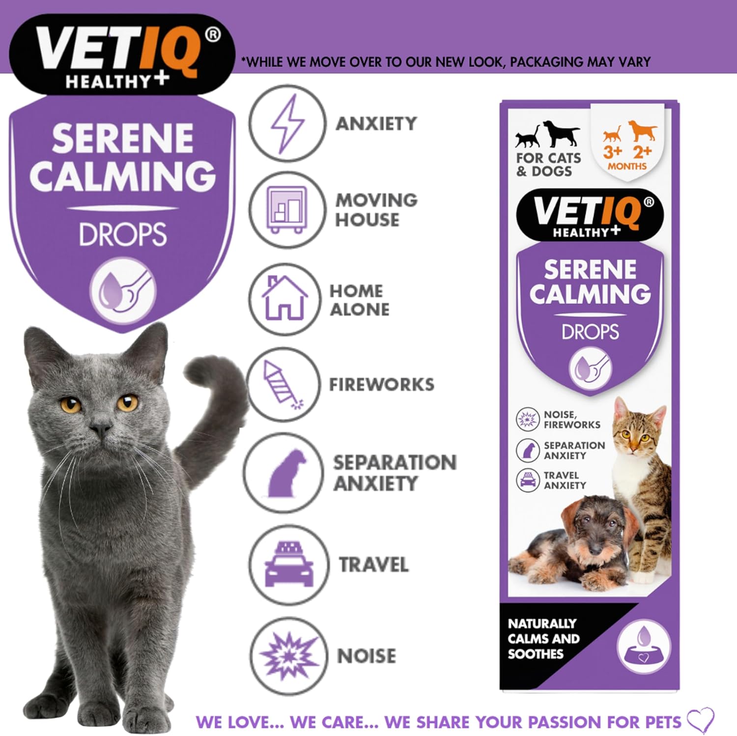 VETIQ Serene Calming Drops packaging with a cat and cat and dog illustrations on a purple background.