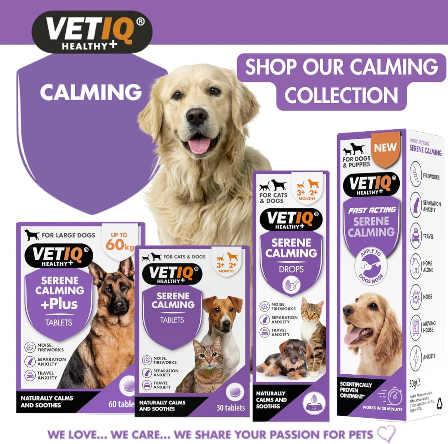 VETIQ Healthy+ calming collection for pets with a golden retriever on a purple background