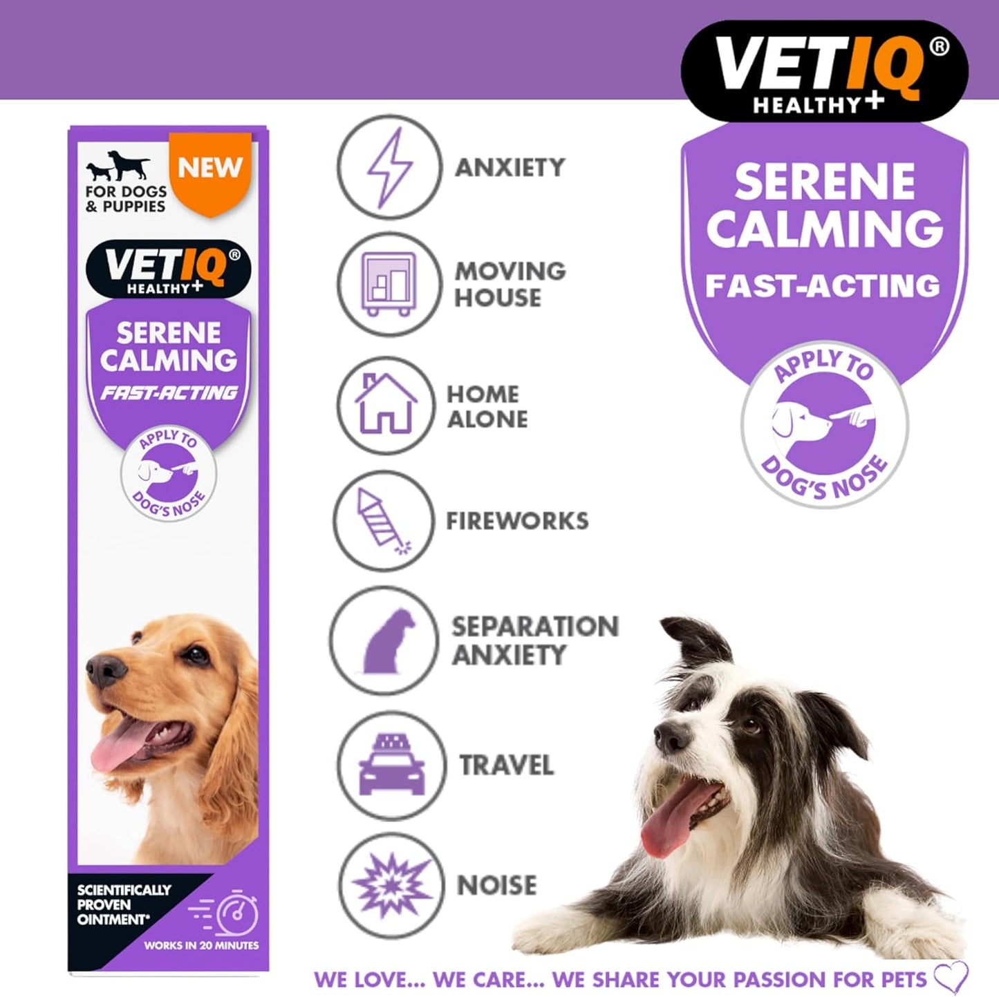 VETIQ Serene Calming product packaging with images of dogs and listed uses on a purple background