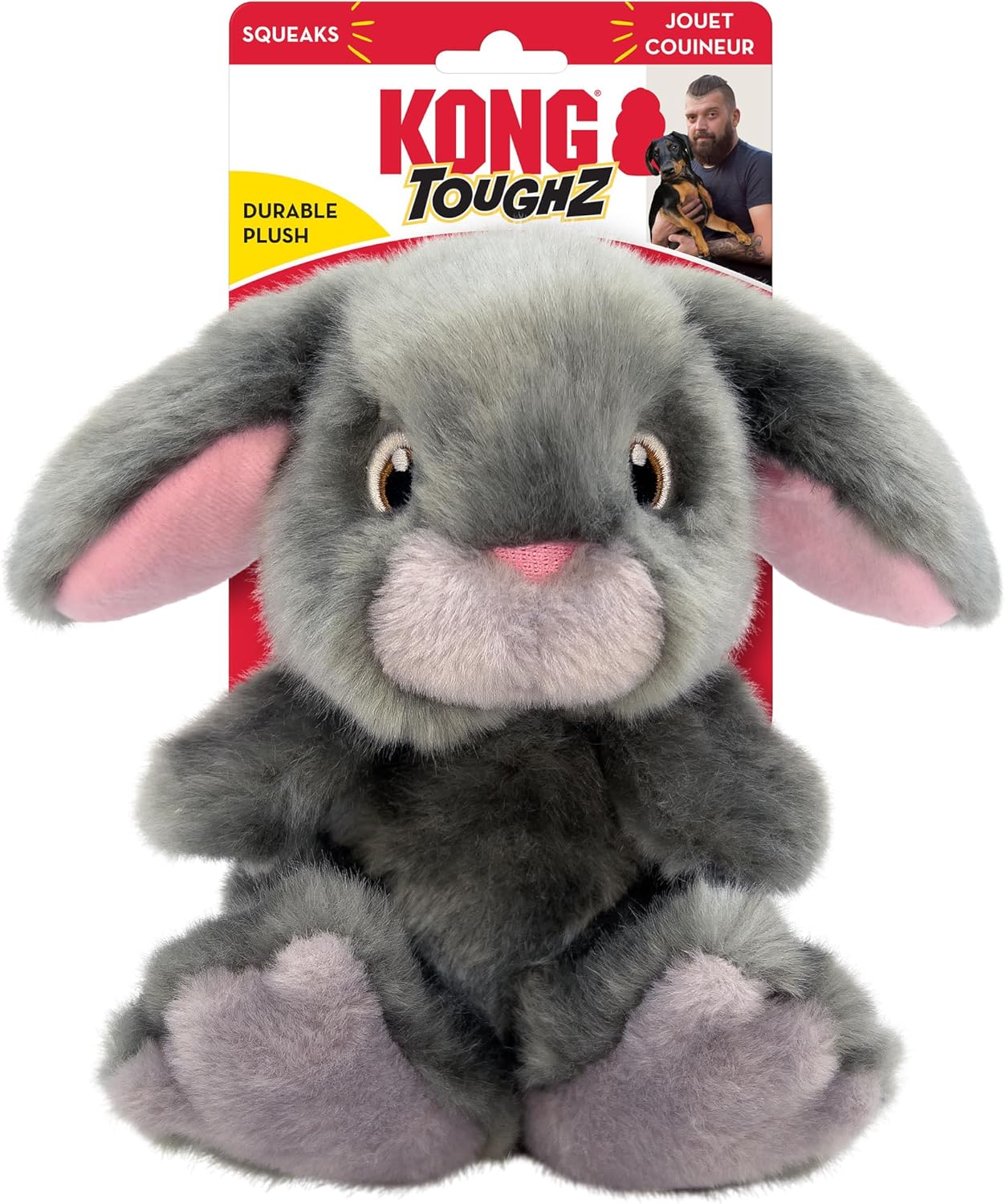 Gray plush bunny toy with pink ears on a white background, featuring Kong Tough2 branding.