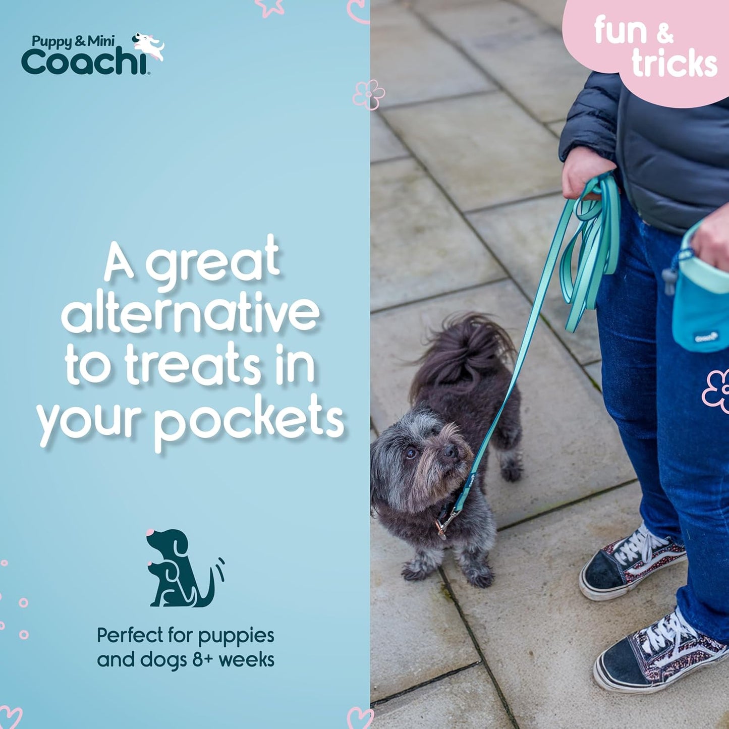Dog on a leash with a person holding a treat pouch, promoting a product for dogs.