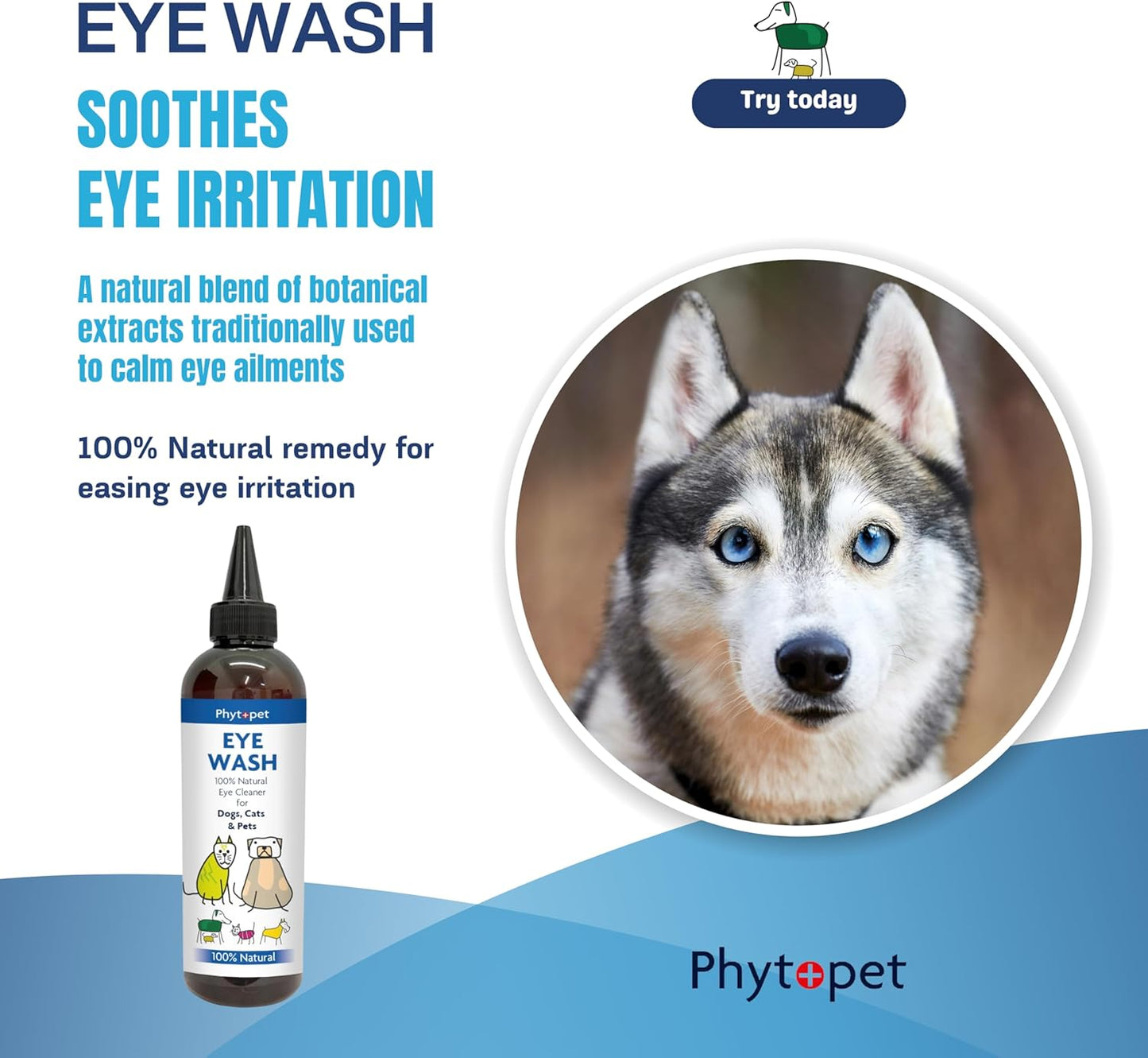 Eye wash product for pets with a dog's face and Phytopet branding.