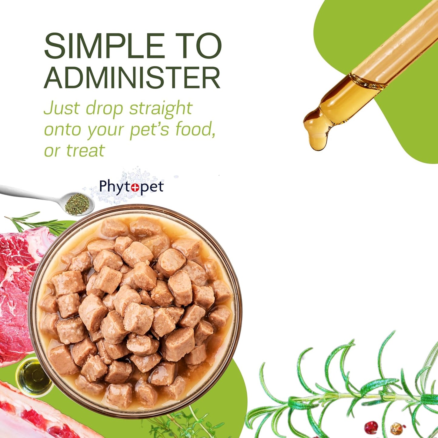 Pet food with a dropper and text about administering it, featuring the Phytapet brand.