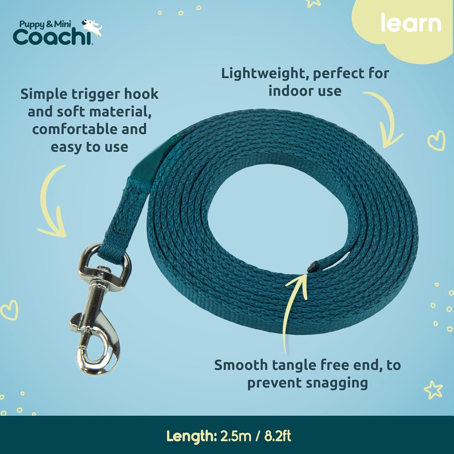 Teal dog leash with trigger hook on a blue background, featuring Coachi branding.