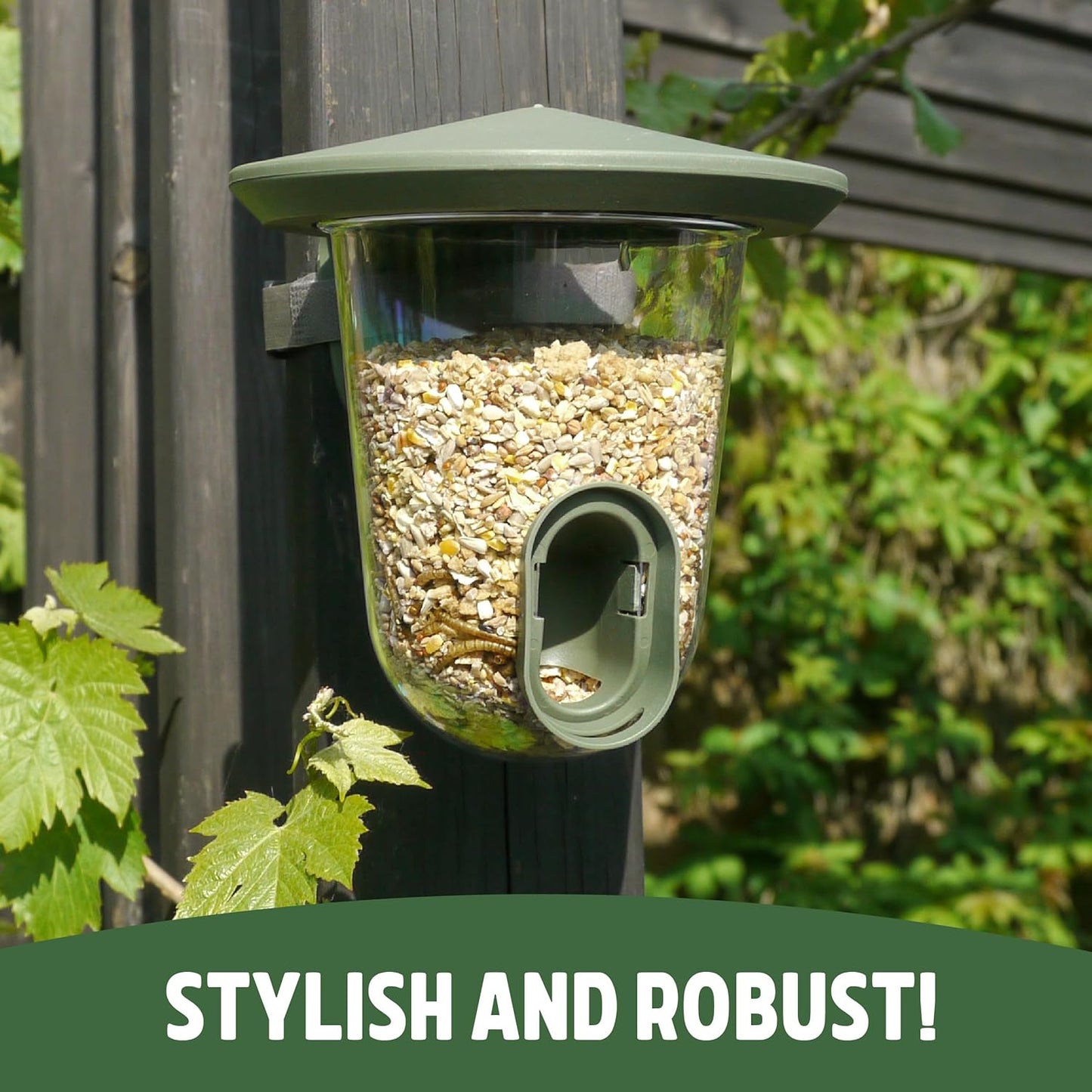 Bird feeder attached to a pole with greenery in the background, featuring the text 'Stylish and Robust!'.