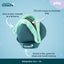 Teal and green dog toy with text on a blue background