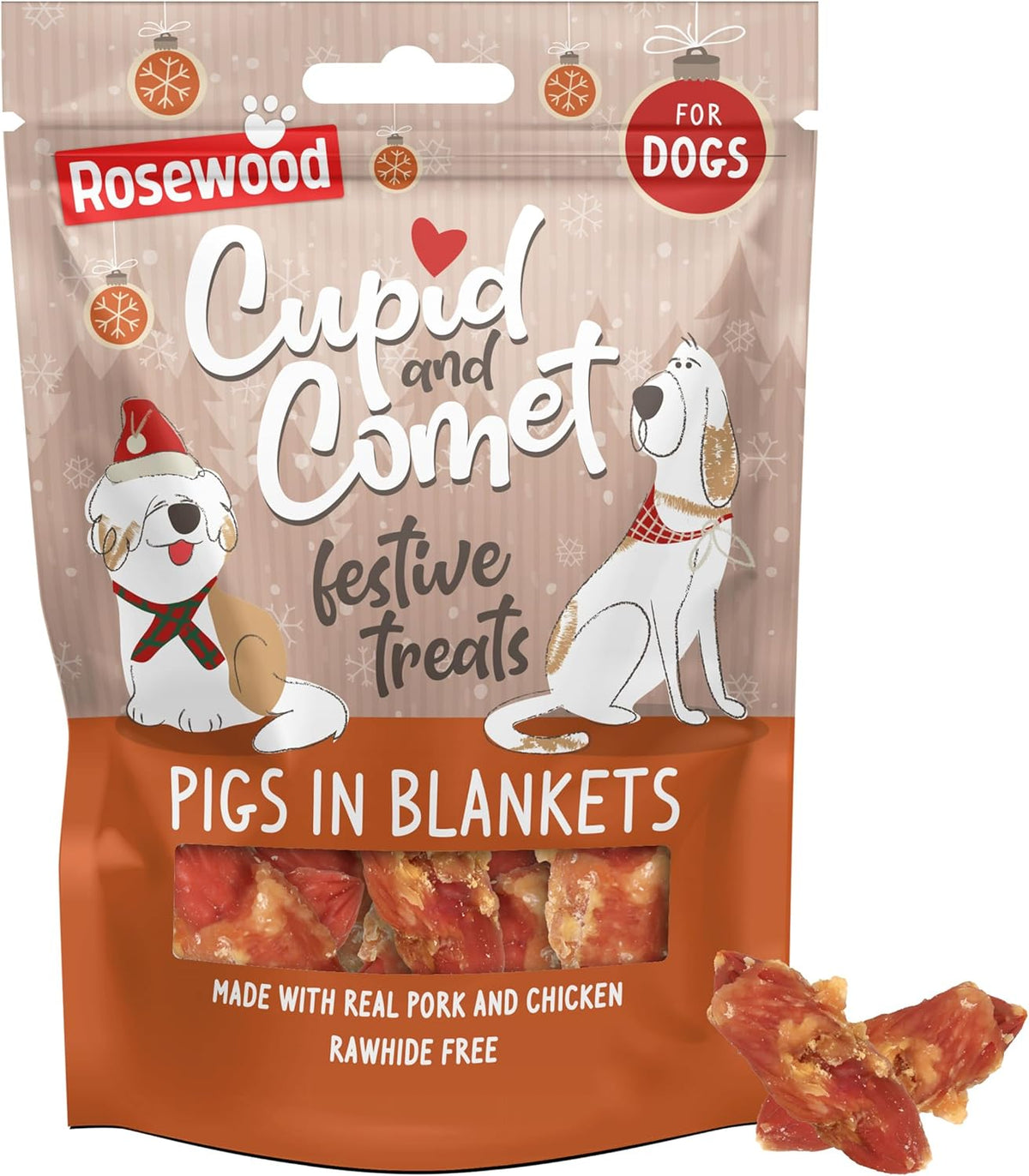 Rosewood Cupid and Comet festive treats packaging for dogs with cartoon dogs and treats.