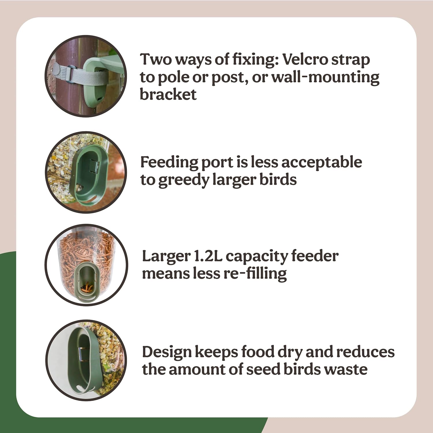 Product features with text on a beige background