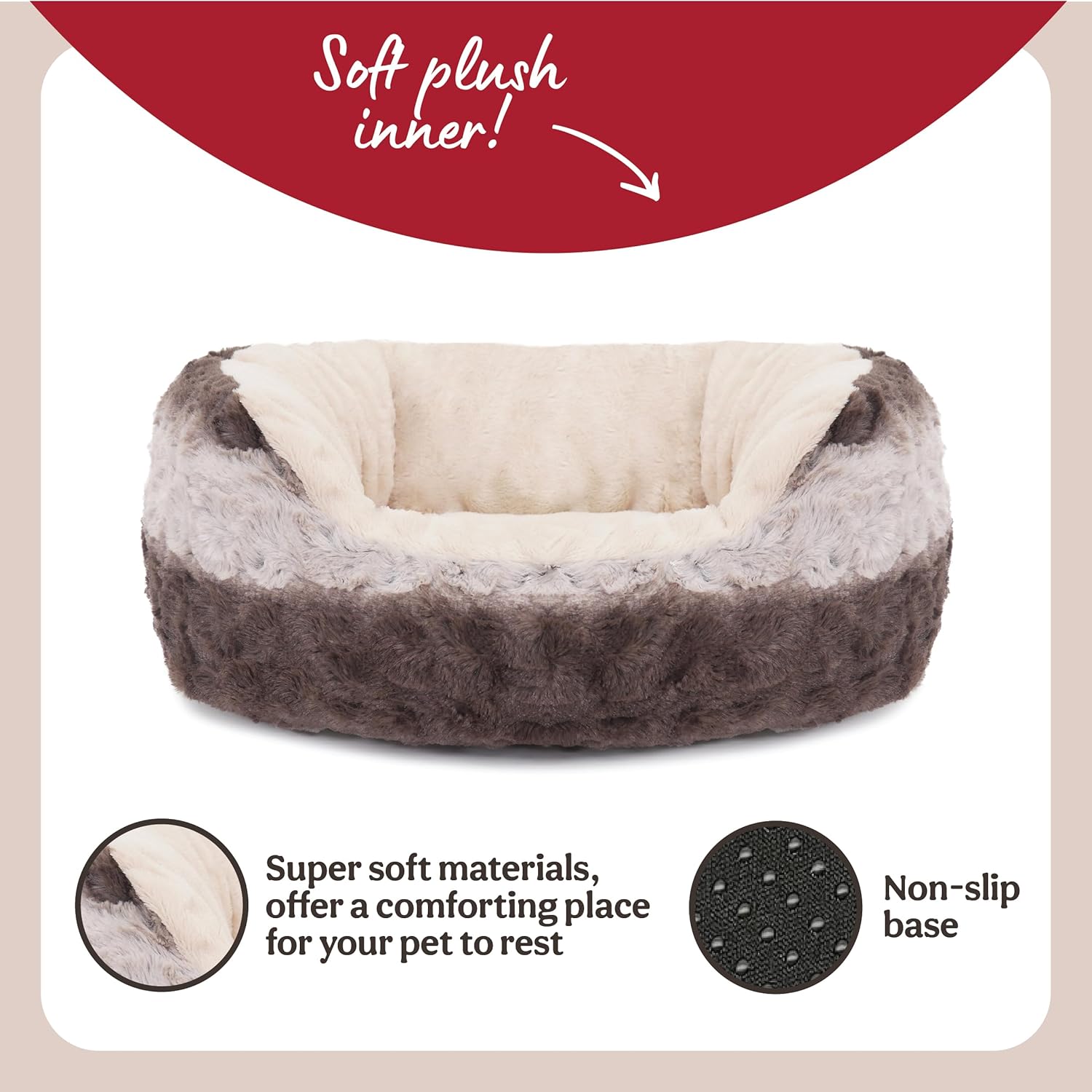 Pet bed with soft plush inner material and non-slip base, featuring text highlighting features.