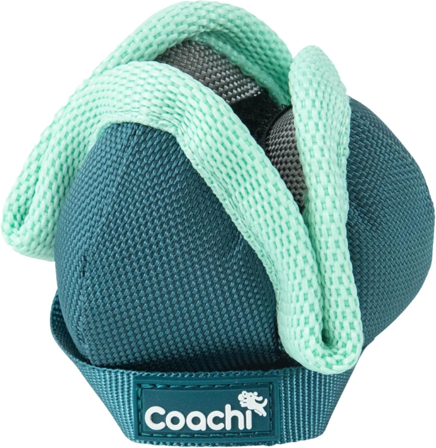 Teal and mint green dog interactive dog treat dispenser with 'Coachi' branding on a white background