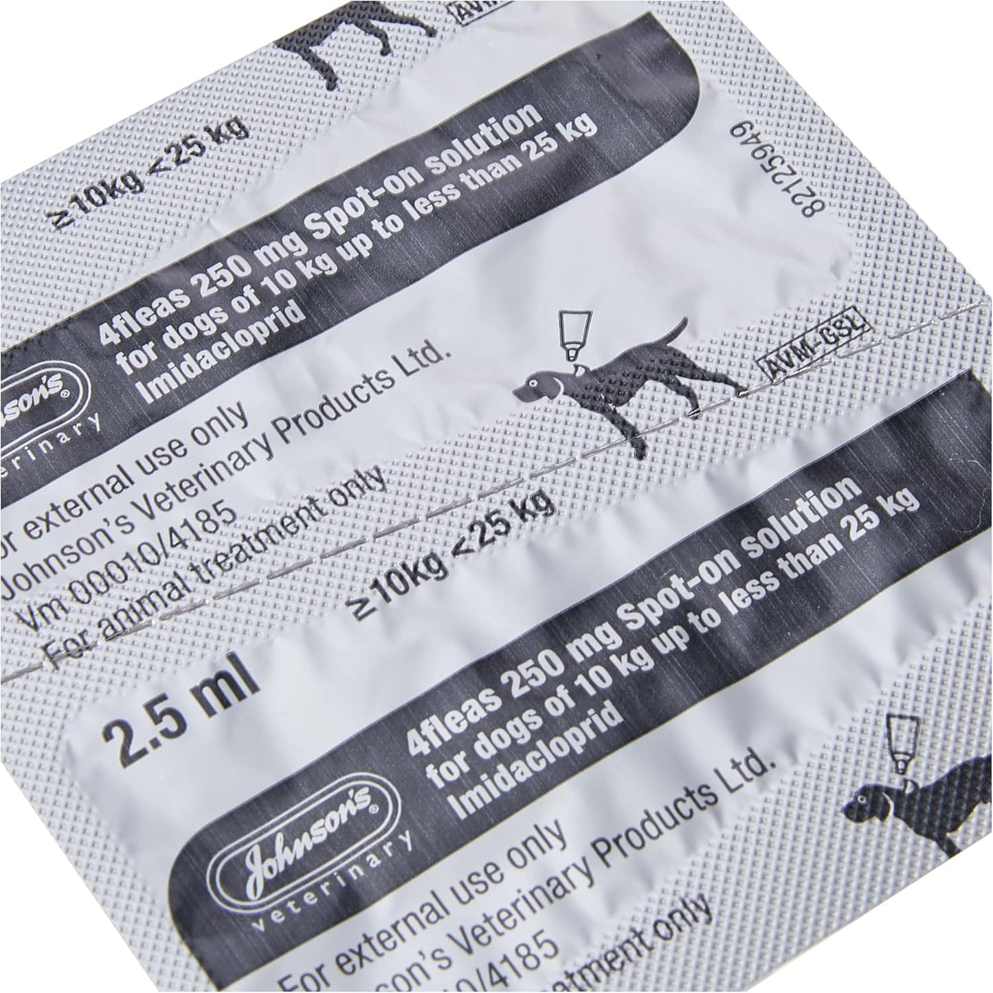 A close-up of a Johnson's Veterinary 2.5 ml foil packet of flea spot-on solution for dogs, showing black text and dog silhouette graphics on a white background.
