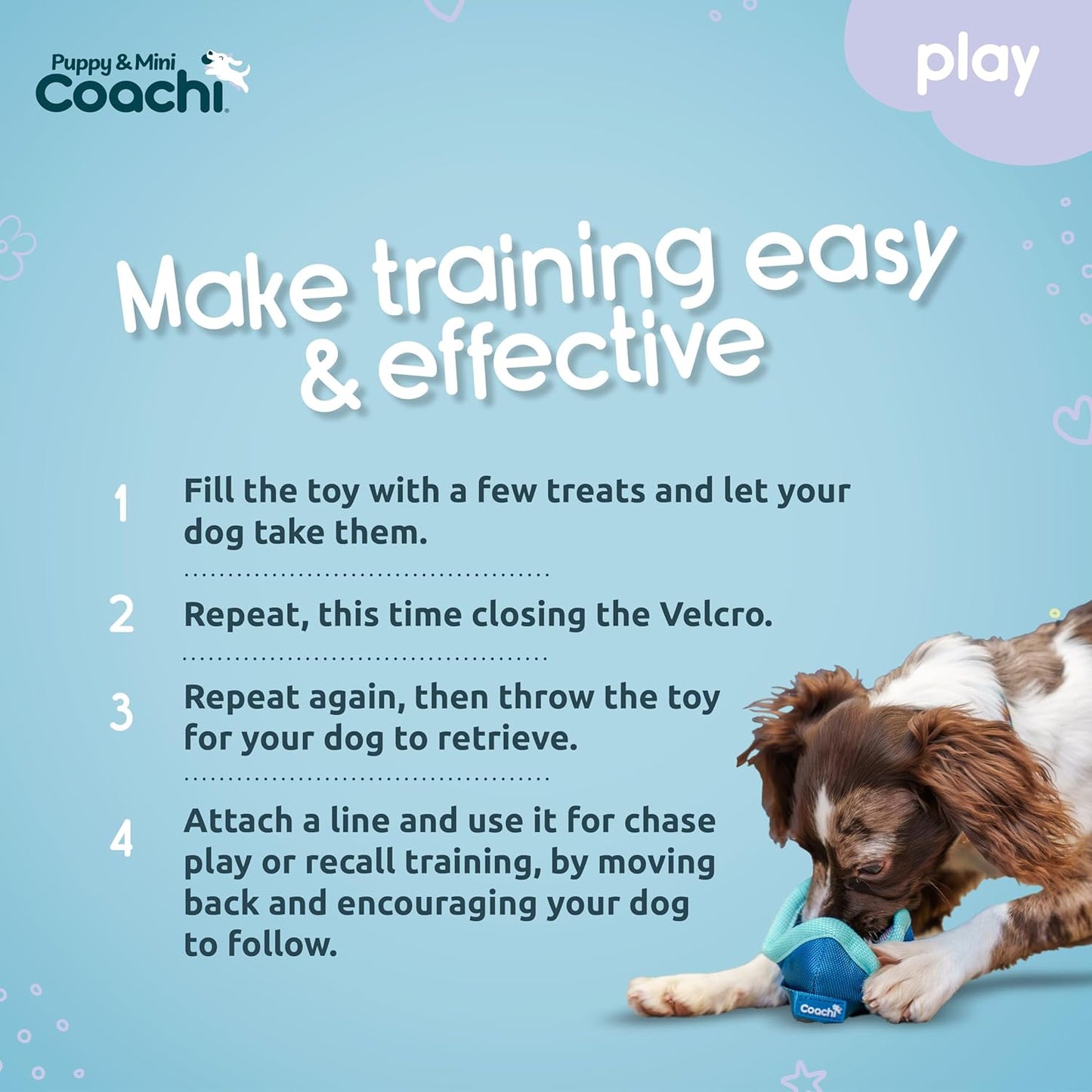 Dog playing with a toy on a blue background with text about training.