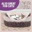 Cat lying on a fluffy pet bed with a decorative background and text 'Also Great for Cats'.
