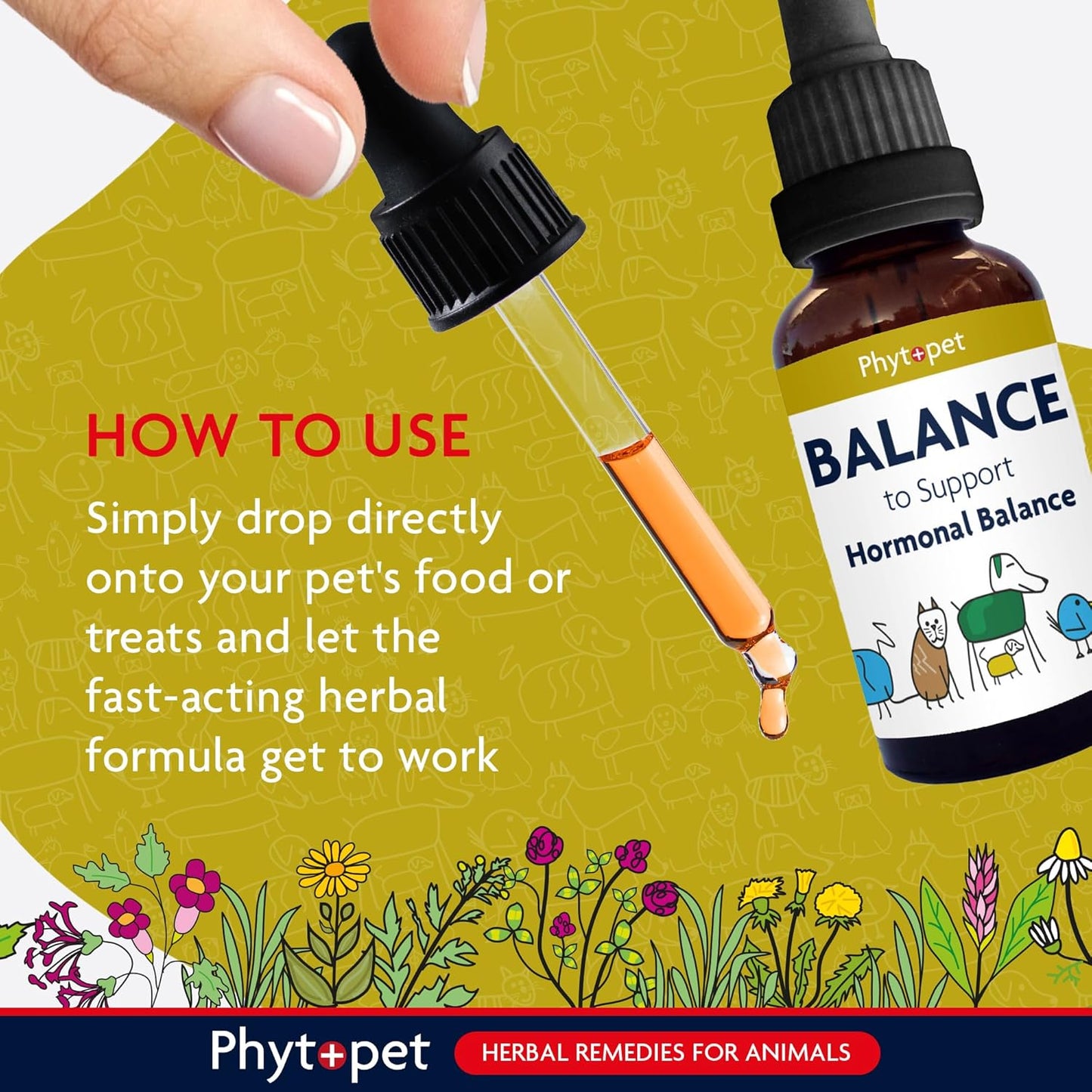 Phytopet Balance herbal remedy for animals with dropper and text on a green background