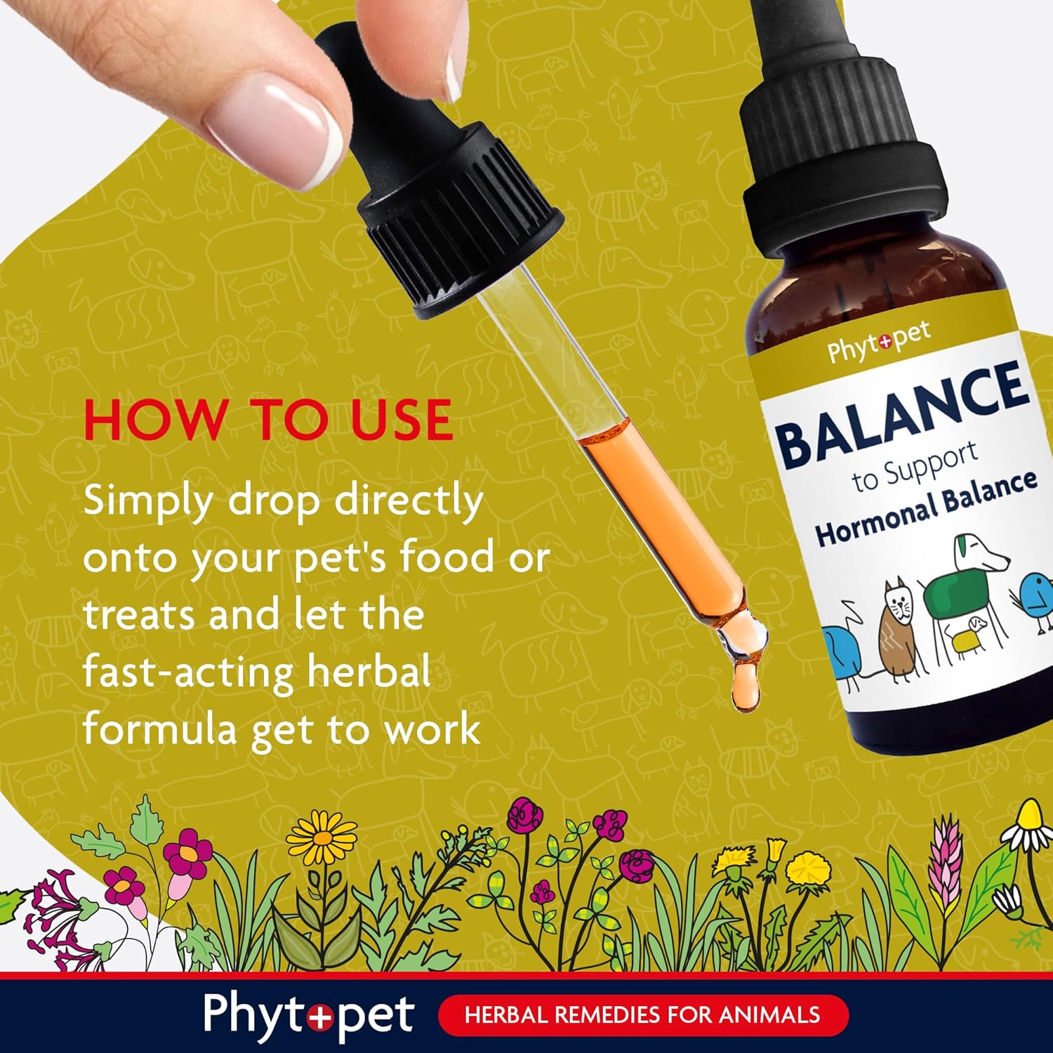 Phytopet Balance herbal remedy for animals with dropper and text on a green background
