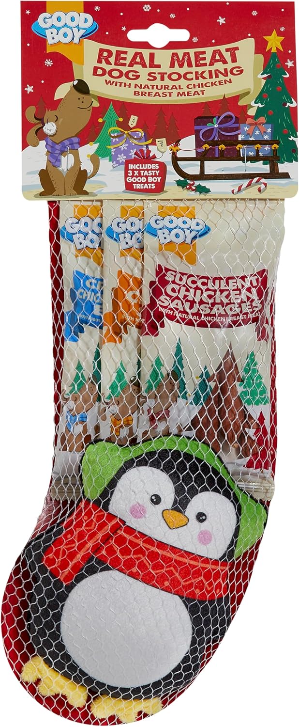 A packaged Christmas-themed sock in a mesh bag with a printed penguin design and holiday graphics. The header card reads 'Good Boy Real Meat Dog Stocking' and shows festive illustrations including a dog, Christmas tree, and sleigh.