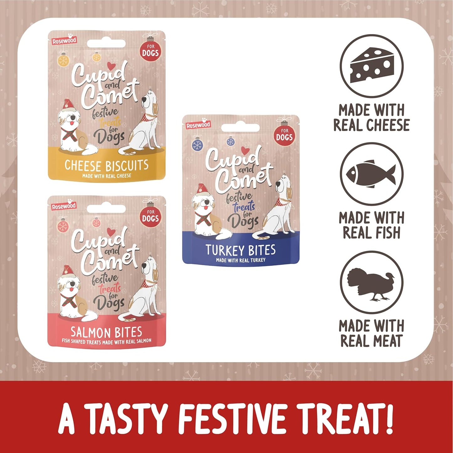 Cupid & Comet Dog Christmas Dinner Stocking – Festive Gift with 3 Treats & 2 Toys