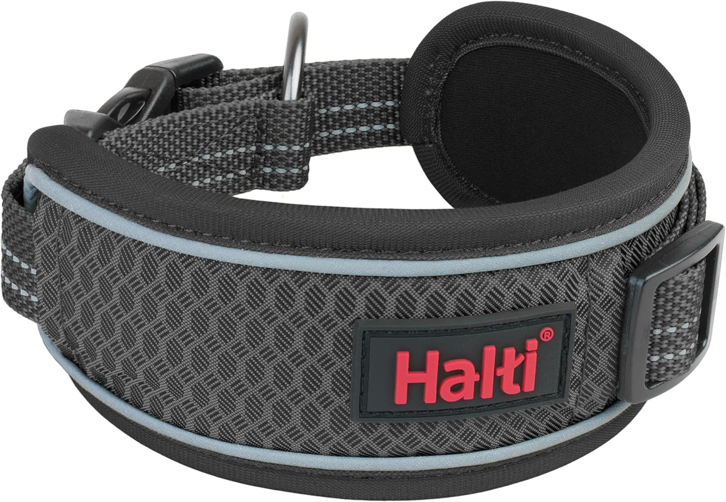 Gray dog collar with black padding and Halti logo on a white background